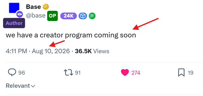 A tweet from the verified @base account dated August 10, 2026, with 36.5K views, reads "we have a creator program coming soon," signaling Base's launch of a new Creator Program to reward community content creators, as referenced in the accompanying post.