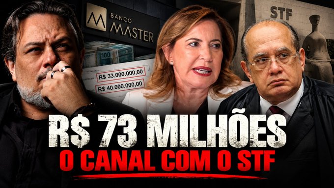 A news thumbnail featuring three people with text 'R$ 73 MILHÕES O CANAL COM O STF' alongside Banco Master money imagery.