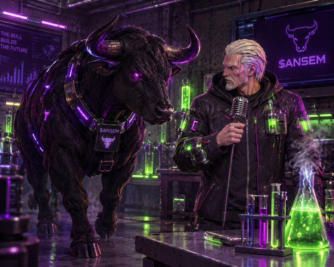 A digital artwork of a white-haired man in a leather jacket holding a microphone next to a neon-glowing bull labeled '$ANSEM' in a futuristic laboratory setting.