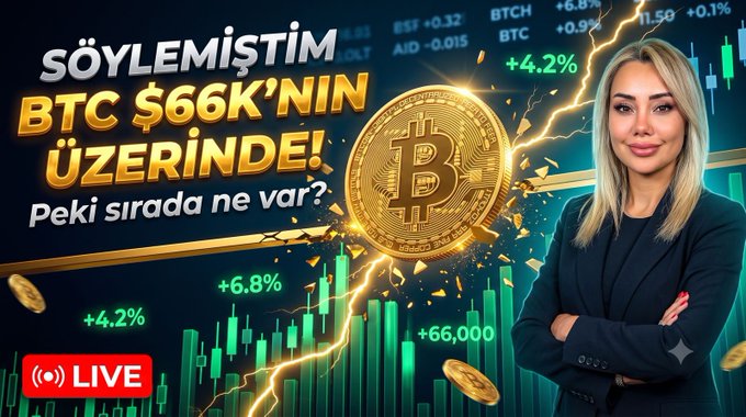 A promotional YouTube thumbnail featuring a blonde woman in a black blazer standing confidently beside a large gold Bitcoin coin, with bold Turkish text reading "SÖYLEMİŞTİM BTC $66K'NIN ÜZERİNDE! Peki sırada ne var?" ("I told you BTC is above $66K! So what's next?"). The image directly supports the post's announcement of a live stream at 12:30 on July 22 discussing Bitcoin's position above the $66K level.
