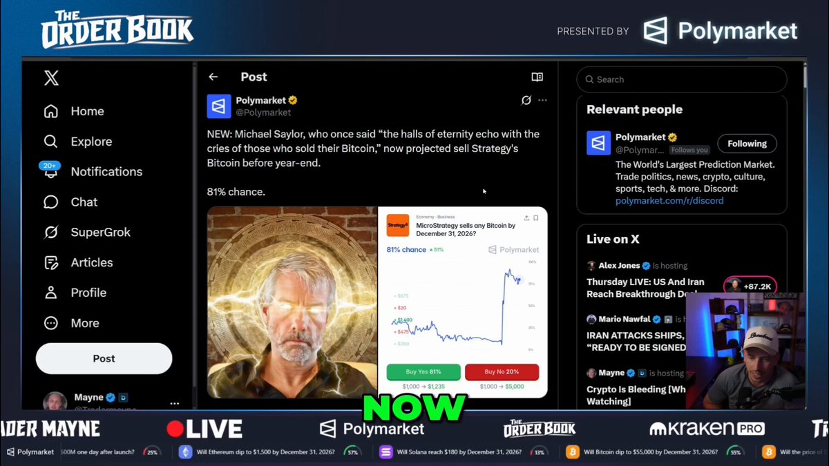 In this image, there is a live blog page about Bitcoin trading tips where Michael Saylor has posted his strategy for selling Bitcoins at its current price point. The post includes various reasons why this could be a good bottom signal, including the fact that he sold all of his Bitcoin positions in January and is now ready to start buying again. The text on the screen indicates that there are multiple people watching the live stream, possibly discussing or reacting to Michael Saylor's strategy.