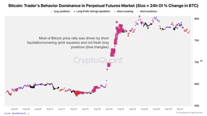 A CryptoQuant chart titled 'Bitcoin: Trader's Behavior Dominance in Perpetual Futures Market', showing that 'Most of Bitcoin price rally was driven by short liquidation/covering (pink squares) and not fresh long positions (blue triangles)' between late July and early September.