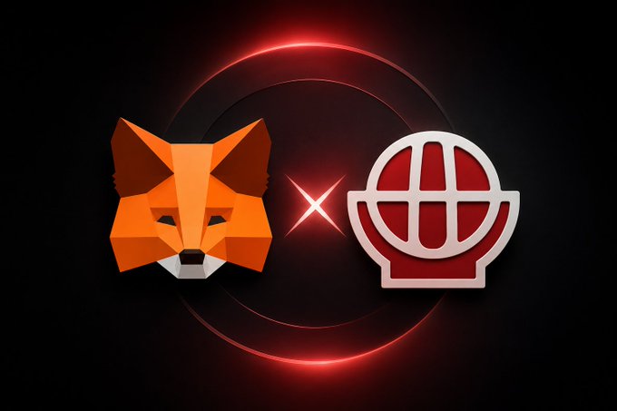 Logo graphic showing a Metamask fox logo on the left and a globe/network icon on the right, separated by an 'x' symbol on a dark background with a red glowing circle.