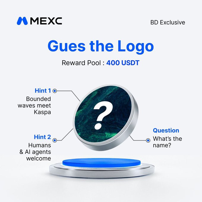 The image features a blue coin with a white question mark on it. The text above the coin reads "Guess the Logo?". Below the coin, there are four options for users to choose from. These options include hints 1-4, which provide clues about the logo's name and description. The post also mentions that the coin is related to the Kaspa holder project, where users can use KAS as productive capital instead of just holding it.