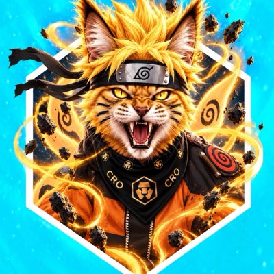 An anime-style illustration features a roaring feline warrior with blonde hair and yellow eyes, wearing a black headband and an orange outfit with 'CRO' written on the collar.