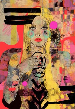 A vibrant, abstract mixed-media illustration of a blonde woman with red lips, featuring yellow, red, and black geometric patterns and splashes.