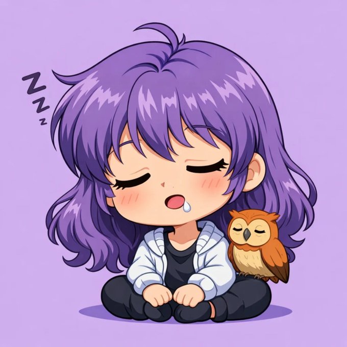 An anime-style illustration of a purple-haired girl sleeping with a small owl on her shoulder and drool coming from her mouth, set against a lavender background.