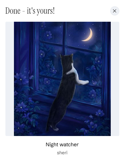 A digital artwork titled "Night watcher" by artist sheri depicts a tuxedo cat standing on its hind legs, gazing up at a crescent moon through a window framed by blue flowers, evoking a quiet, contemplative nighttime scene. The accompanying post confirms the piece was just collected as an NFT on objkt.com.