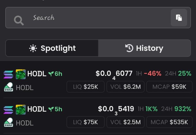 A screenshot of a cryptocurrency search interface showing two 'HODL' tokens listed, with the top one showing a price of $0.6077 (-46% in 1H, +25% in 24H) and the second showing $0.5419 (+1K% in 1H, +932% in 24H).