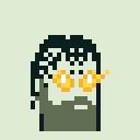 Pixel art character with dark hair, sunglasses with flames reflected in them, and a green shirt on a light green background.