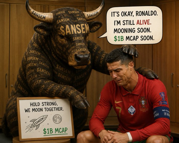 The image shows Cristiano Ronaldo in his Portugal #7 jersey being consoled by a large bull covered in "SANSEM" branding, with a speech bubble saying "IT'S OKAY, RONALDO. I'M STILL ALIVE. MOONING SOON. $1B MCAP SOON." and a sign reading "HOLD STRONG, WE MOON TOGETHER. $1B MCAP," visually representing the post's bullish sentiment about the $ANSEM token and its projected rise to a $1 billion market cap.
