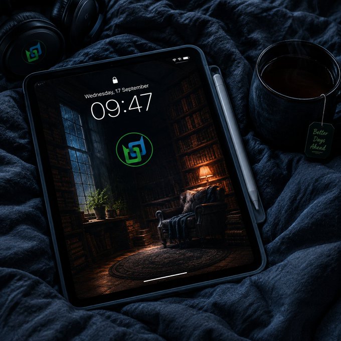 An iPad lock screen showing 09:47 on Wednesday, 17 September rests on dark fabric alongside black headphones and a mug of tea with a "Better Days Ahead" tea tag.