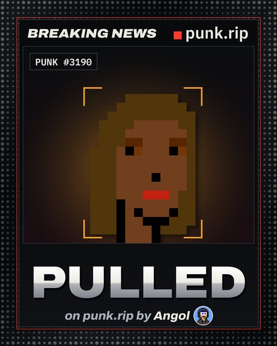A 'Breaking News' graphic from punk.rip announcing that PUNK #3190 was 'PULLED on punk.rip by Angol', featuring a pixelated portrait of a character with long hair.
