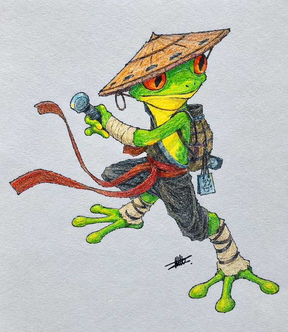 A green tree frog wearing a bamboo hat, red sash, and bandages is depicted in a martial arts stance holding a microphone. The image ties into the post's theme of being "battle tested" and ready for action, while the microphone suggests the frog is prepared to deliver predictions or commentary on the Clarity Act vote and BTC's potential to hit 100k on zygofuture.com.