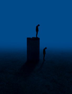 A dark, atmospheric silhouette scene showing one figure standing atop a tall pillar and another smaller figure standing on the ground below, set against a deep blue foggy background.