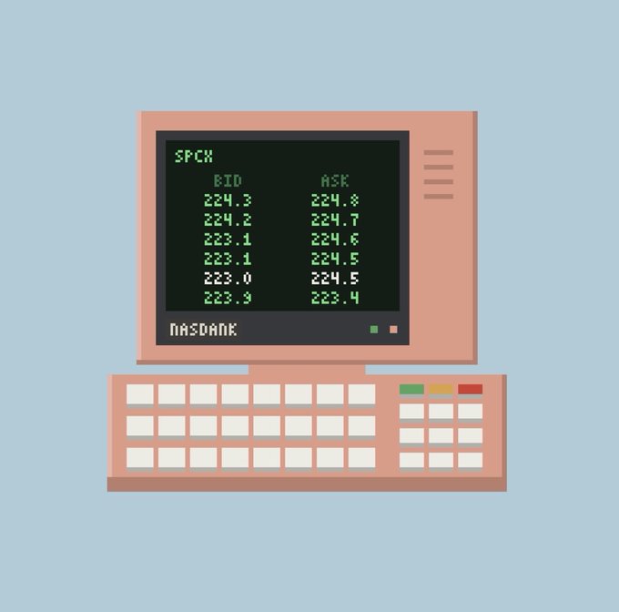 A pixel-art style illustration shows an old computer terminal with a green monochrome screen displaying 'SPCX' stock bid and ask prices around 224, with 'NASDAQ' labeled below.