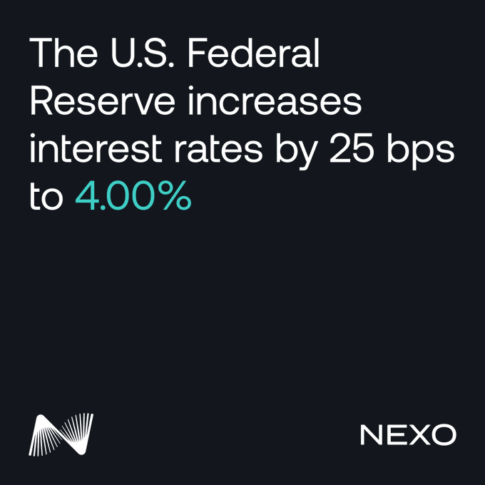 The image is a Nexo-branded graphic announcing that "The U.S. Federal Reserve increases interest rates by 25 bps to 4.00%," visually summarizing the Fed's unanimous rate hike mentioned in the accompanying post about Chair Warsh's remarks on inflation and the economy.