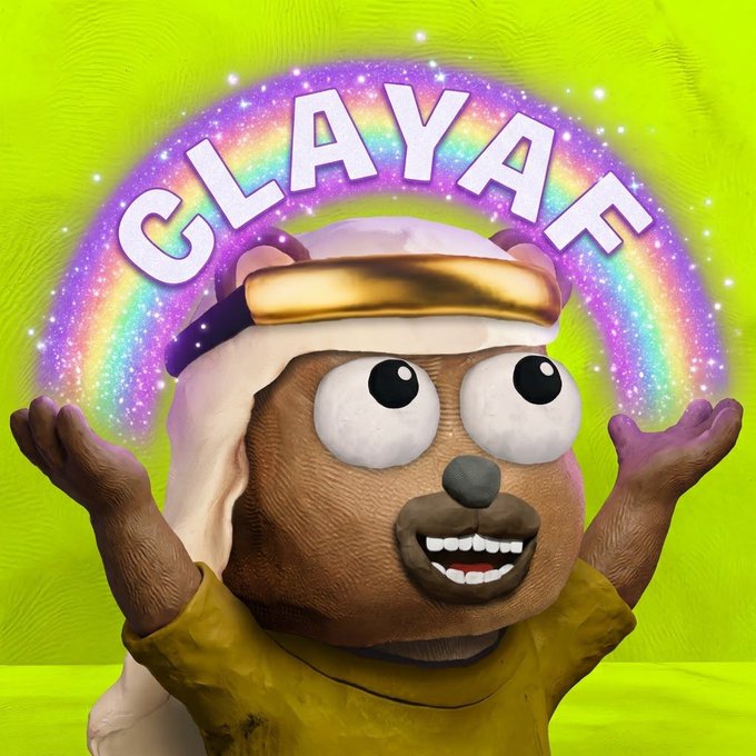 A 3D rendered cartoon bear character wearing a white headdress and yellow shirt, with a rainbow and the word "CLAYE" in the background.