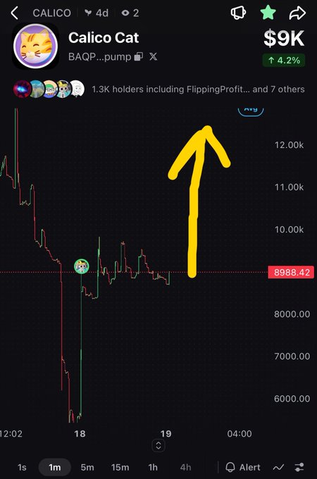 A crypto chart for 'Calico Cat' token shows a price of $9K with a 4.2% increase, featuring a hand-drawn yellow arrow pointing upward and 1.3K holders.