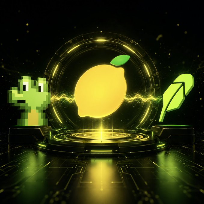 A glowing lemon emblem sits center stage between a pixelated green crocodile and a stylized leaf, all illuminated by radiant yellow-green energy waves on a futuristic circular platform. The composition visually represents the $LEMON token's new integration with GMGN on Robinhood Chain, symbolizing the fusion of the lemon mascot with trading platform visibility.