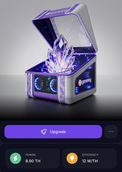 A 3D-rendered purple and white cryptocurrency mining rig box containing glowing crystals, labeled 'gmining' with stats showing 8.90 TH power and 12 W/TH efficiency, with an 'Upgrade' button.