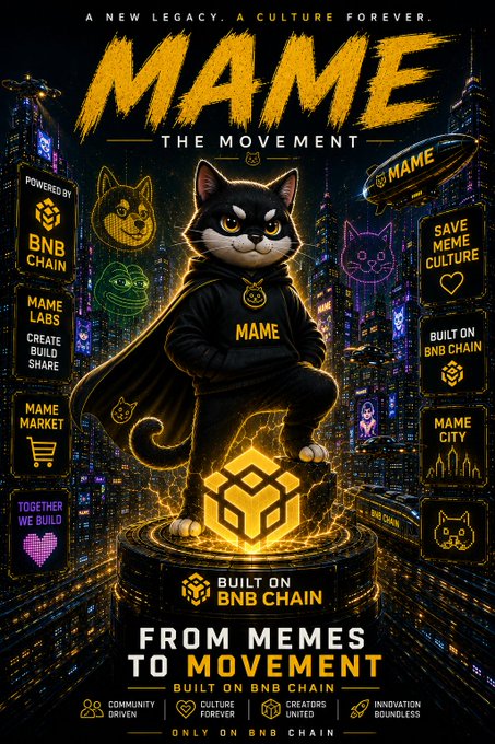 Promotional poster for 'MAME - THE MOVEMENT' featuring a black cat in a hoodie with a cape, advertising it as 'BUILT ON BNB CHAIN' with the tagline 'FROM MEMES TO MOVEMENT' and icons for community, culture, creators, and innovation.