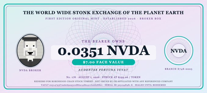 A mock stock certificate titled 'THE WORLD WIDE STONK EXCHANGE OF THE PLANET EARTH' representing 0.0351 NVDA tokens with a $7.00 face value.