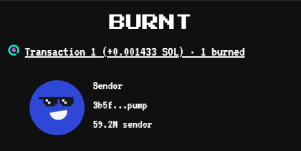 Cryptocurrency transaction screen showing 1 token burned worth +0.001433 SOL, with sender address "3b5f..pump" holding 59.2M sender tokens.