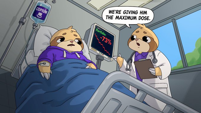 Two cartoon Pomeranians in a hospital room: one in a patient gown lies in bed with an IV of "COPiUM" and a monitor showing "Portfolio -73%," while a doctor in a lab coat holding a clipboard declares, "We're giving him the maximum dose." The image humorously reflects the post's anxiety about a portfolio's stability amid a steep decline, with the "treatment" representing desperate efforts to recover from market losses.