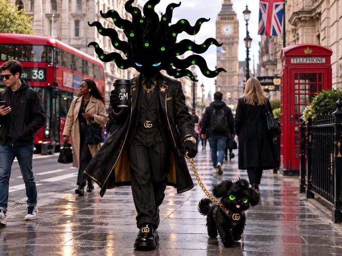 A surreal, AI-generated street scene in London featuring Big Ben and red telephone boxes, where a figure with a Medusa-like head of black snakes with green eyes, dressed in Gucci attire, walks a black poodle also wearing Gucci accessories.