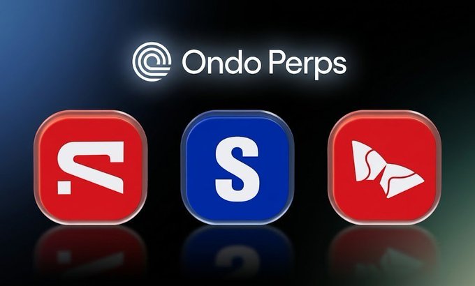 Ondo Perps logo displayed above three rounded square icons representing SK Hynix (red "S" logo), Samsung (blue "S" logo), and an unspecified third asset (red icon), visually promoting the platform's new addition of major technology tickers like $SKHY and $SMSN to its on-chain derivatives portfolio.