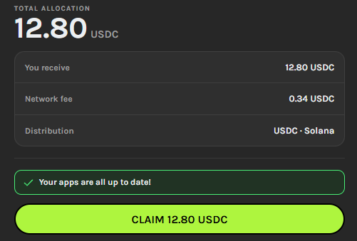 Mobile app screen showing a Total Allocation of 12.80 USDC with a network fee of 0.34 USDC for distribution on USDC · Solana, with a green 'CLAIM 12.80 USDC' button.