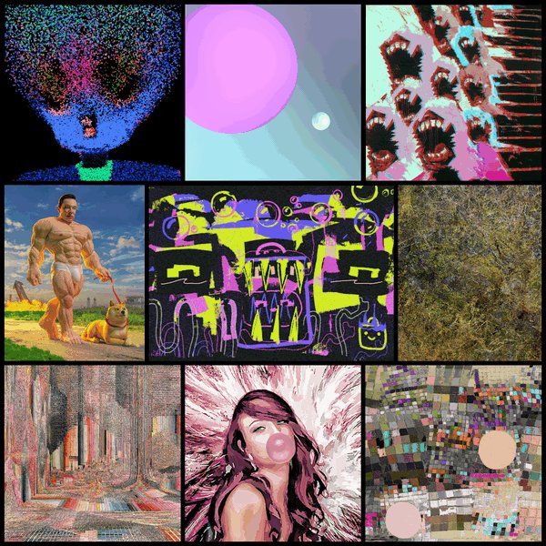 The image features an art collage of various pictures, including portraits of people, abstract art, and other types of images. In one photo, there's a painting depicting a woman blowing bubbles while another photo shows a man walking his dog. A third picture has a man wearing a dog collar in the foreground. The collage is worth 0.25 ETH each and consists of 50 artworks. One piece sells for 0.25 ETH, and the rest are free.