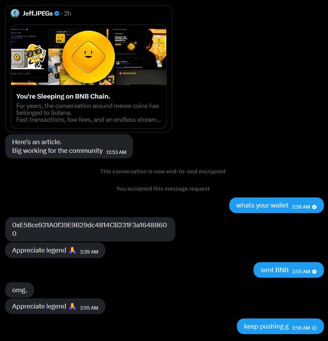 This image shows a Twitter DM conversation where one user sends another a wallet address and then confirms they sent BNB, aligning with the post's mention of sending $BNB to buy $BIBI.