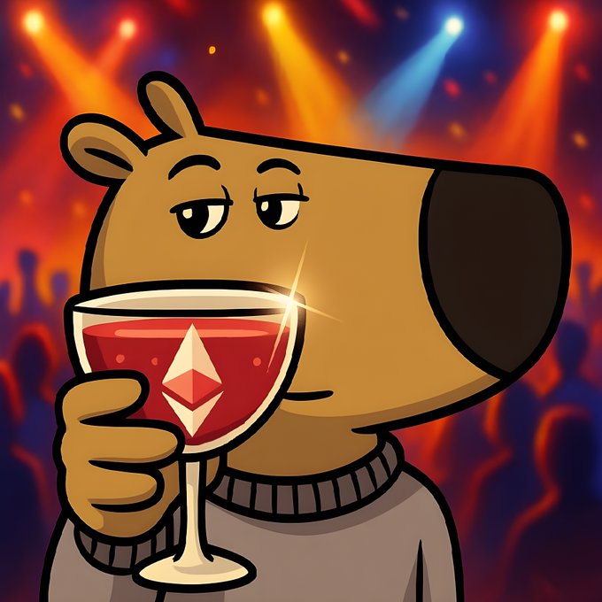 A cartoon capybara wearing a gray sweater holds a glass of red liquid featuring the Ethereum logo at what appears to be a nightclub.