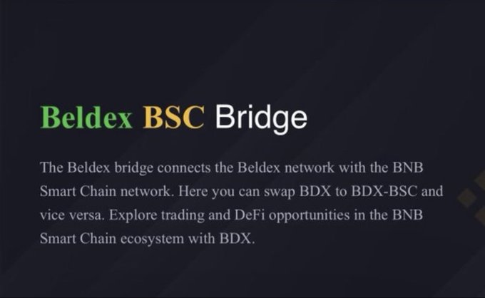 A dark screen with stylized text titled 'Beldex BSC Bridge' explains that the bridge connects the Beldex network with the BNB Smart Chain, allowing users to swap BDX to BDX-BSC.