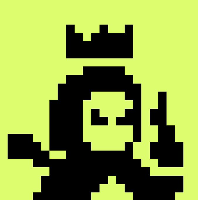A pixel art black silhouette of a figure wearing a crown on a yellow-green backdrop.