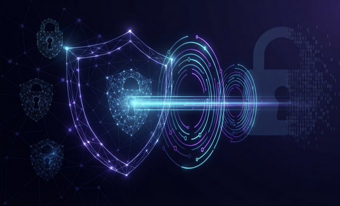 A neon graphic depicts a shield with padlock icons transforming into a padlock shape with binary code.