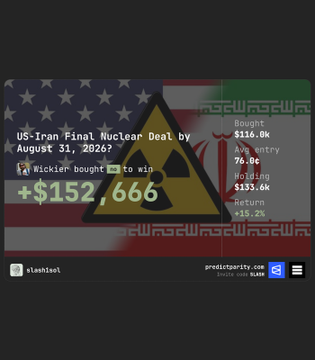 The image shows a PredictParity market card titled "US-Iran Final Nuclear Deal by August 31, 2026?" with an Iranian flag and radioactive hazard symbol background, displaying a "Bought" entry at 76.0¢ showing +$152,766 in returns (+15.2%), and the trader "Wickier" is highlighted as having bought YES to win $1,237,567. This relates to the post about the trader Wickier profiting massively from correctly calling Israel-Iran-US related markets ahead of the crowd on PredictParity.