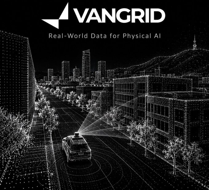 A digital illustration of a city rendered in glowing white points on a black background, featuring a self-driving car scanning its surroundings with sensors. Text reads 'VANGRID - Real-World Data for Physical AI'.