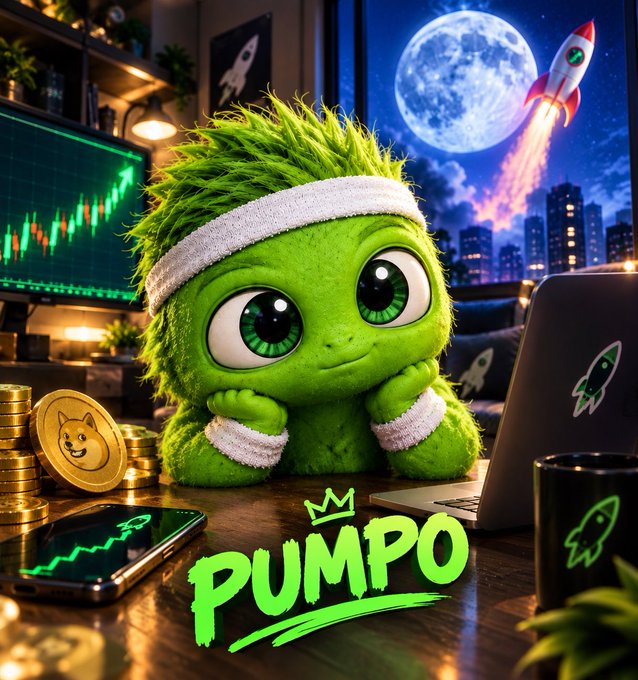 A 3D-rendered green furry character wearing a white headband and wristbands sits at a desk with a laptop displaying charts, surrounded by Dogecoin coins and a phone showing a green chart. The word 'PUMPO' appears in green graffiti-style text with a crown above it, with a cityscape and rocket launch visible through the window.