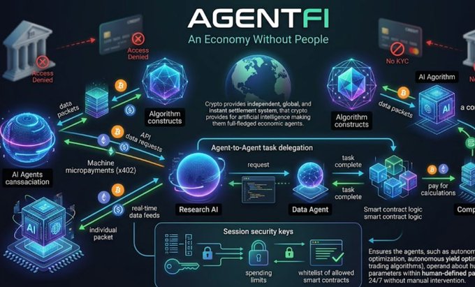 An infographic titled "AGENTFI – An Economy Without People" illustrating a decentralized ecosystem where autonomous AI entities (labeled Research AI, Data Agent, AI Agents, Algorithm constructs, and AI Algorithm) transact with each other using crypto, bypassing human oversight and regulations like "No KYC" and "Access Denied," communicating via data packets, API requests, machine micropayments (x402), and real-time data feeds through agent-to-agent task delegation, smart contract logic, and session security keys.