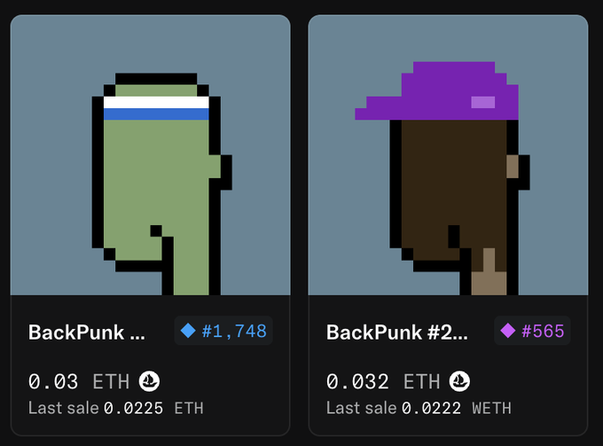 The image features two cartoon faces, each wearing a hat with different colors - purple and green. The caption below the image reads "Backpunks... #1,748", which refers to the number of followers for these characters on social media platforms like Instagram or Twitter.