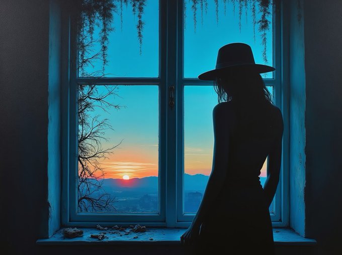 A digital artwork showing the silhouette of a woman in a hat looking out a window at a sunset landscape with mountains and hanging foliage, bathed in blue tones.