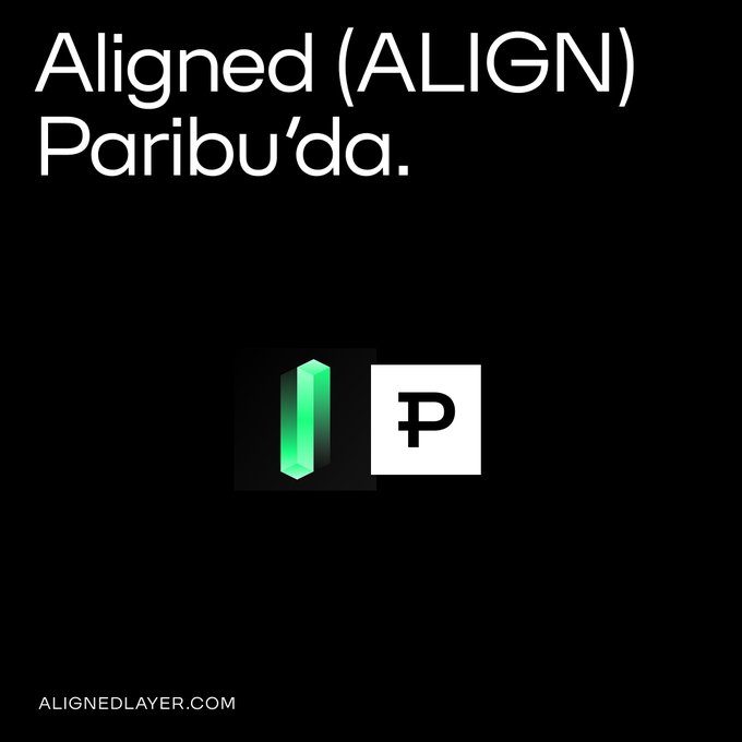 The image is a black promotional graphic with white text at the top reading "Aligned (ALIGN) Paribu'da." and two icons in the center — a green geometric logo for ALIGN and a white square with the black "Þ" symbol representing Paribu, a Turkish cryptocurrency exchange. At the bottom, it displays the website "ALIGNEDLAYER.COM," announcing that ALIGN investment transactions have launched on the Paribu platform.