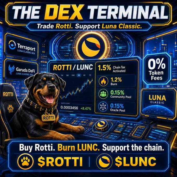 A promotional graphic for 'THE DEX TERMINAL' featuring a Rottweiler dog on a high-tech console, advertising token trading 'ROTTI / LUNC' with 0% token fees, 1.5% chain tax breakdown, and slogans 'Buy Rotti. Burn LUNC. Support the chain.'