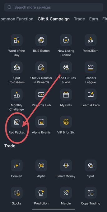 A cryptocurrency trading app interface is shown with various menu options under 'Gift & Campaign' and 'Trade' categories, with a red circle and arrow highlighting the 'Red Packet' feature.