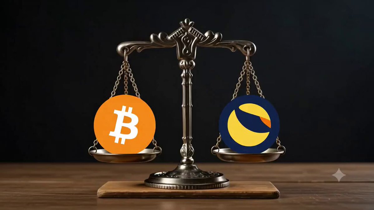The image features a coin balance scale with two coins placed on either side of it - one labeled "BTC" (Bitcoin) and the other "LUNC" (Lunar Loon). The Bitcoin coin is positioned on the left side, while the Lunar Loon coin is located on the right. Below the coins, there's a caption that reads: "The showdown between digital gold and the ultimate crypto thriller. While #BTC stands as a rock-solid anchor supporting the entire system, #LUNC remains an unpredictable phenomenon for the bold In the end, only one thing will save us #USTC #LCW #BURN".