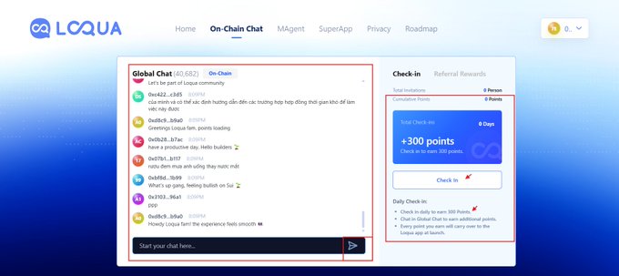 A screenshot of the LOQUA app interface showing its "On-Chain Chat" feature with a global community chat displaying various Vietnamese and English messages, alongside a daily check-in system offering +300 points (0 points currently). The image supports the post by showcasing the platform's AI agent messenger functionality, including the chat interface, check-in rewards system, and SuperApp integration that the project is building on the Sui ecosystem.