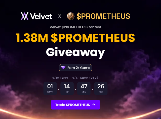 A Velvet x $PROMETHEUS giveaway banner advertising a 1.38M $PROMETHEUS prize pool with a "Earn 2x Gems" incentive, featuring a countdown timer showing 1 day, 14 hours, 47 minutes, and 26 seconds remaining until the contest ends on 9/17 at 12:00 UTC—reinforcing the post's call to action for traders to qualify by trading at least $100 before time runs out.